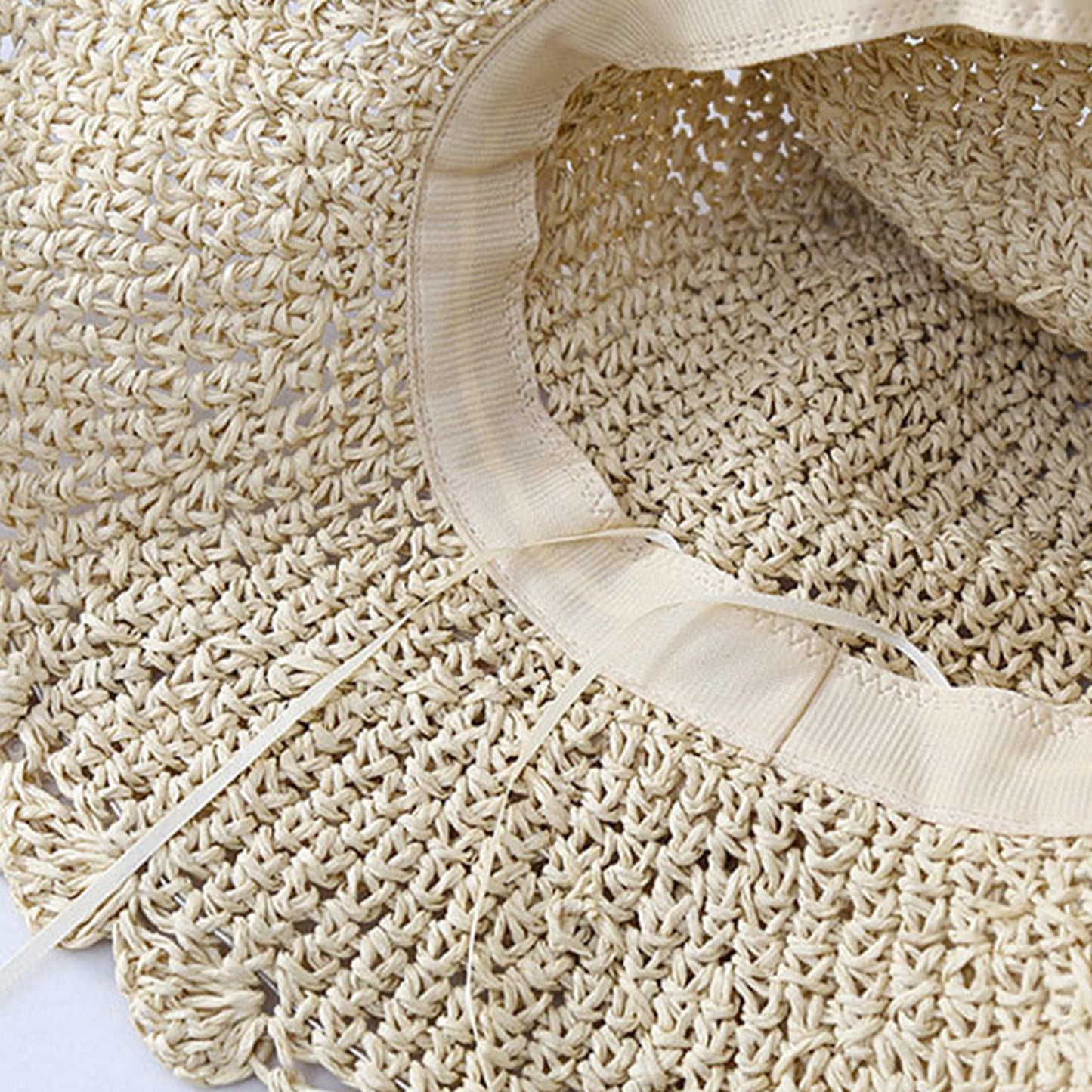 Wide Brim Crochet Straw Sun Hat with Lace Bow Adjustable Fit