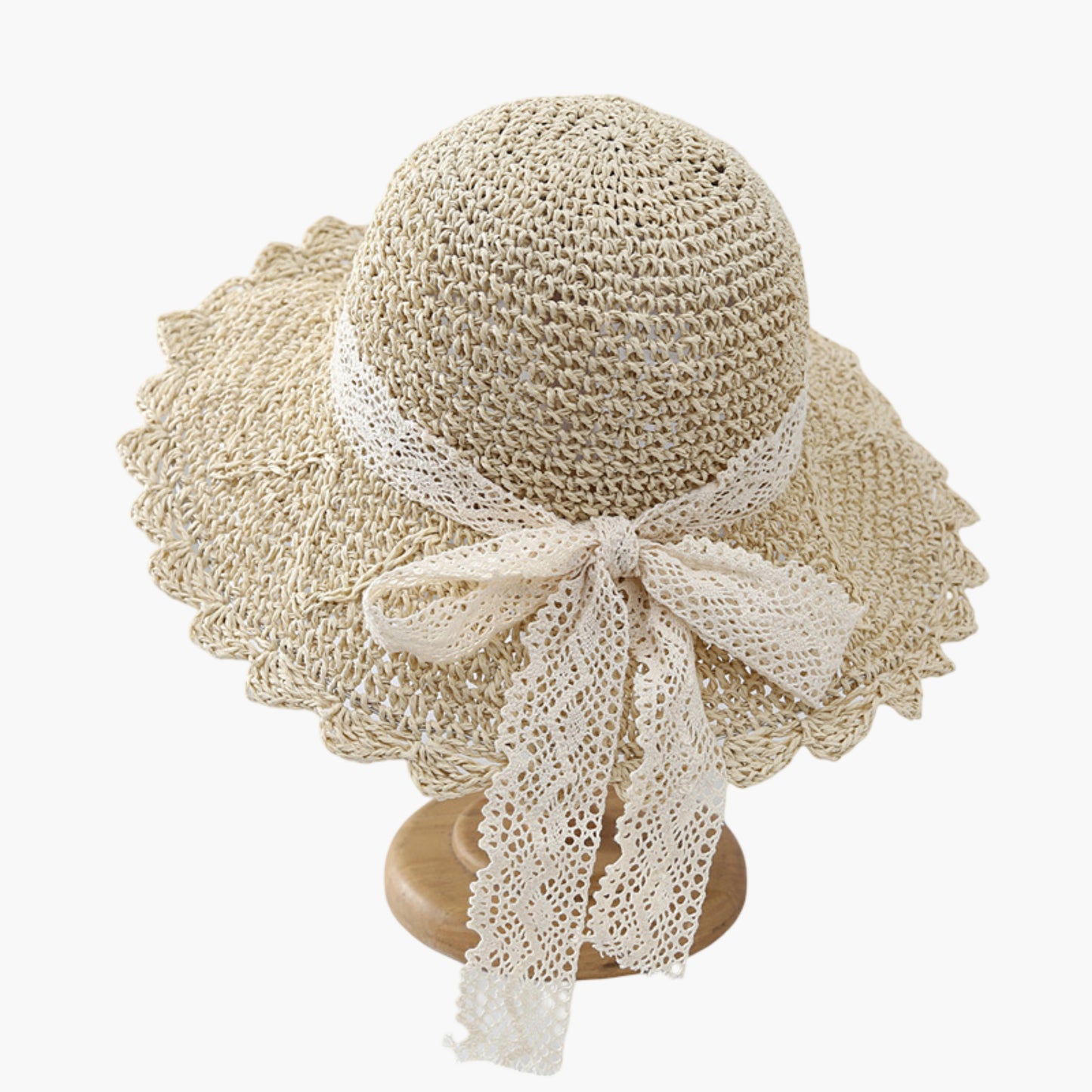 Wide Brim Crochet Straw Sun Hat with Lace Bow Adjustable Fit
