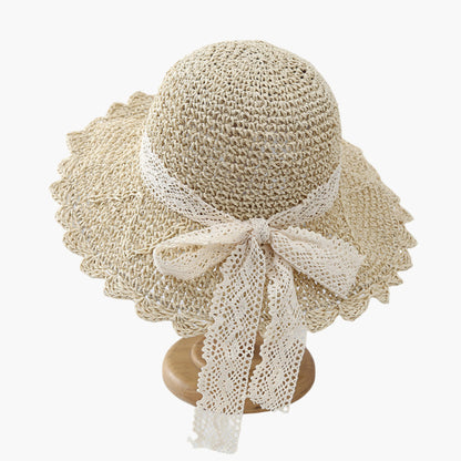 Wide Brim Crochet Straw Sun Hat with Lace Bow Adjustable Fit