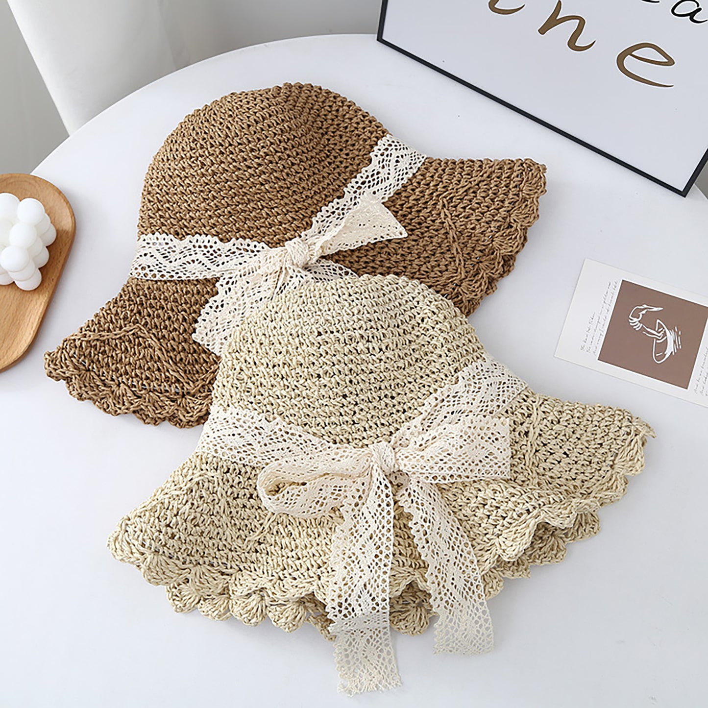 Wide Brim Crochet Straw Sun Hat with Lace Bow Adjustable Fit