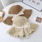 Wide Brim Crochet Straw Sun Hat with Lace Bow Adjustable Fit