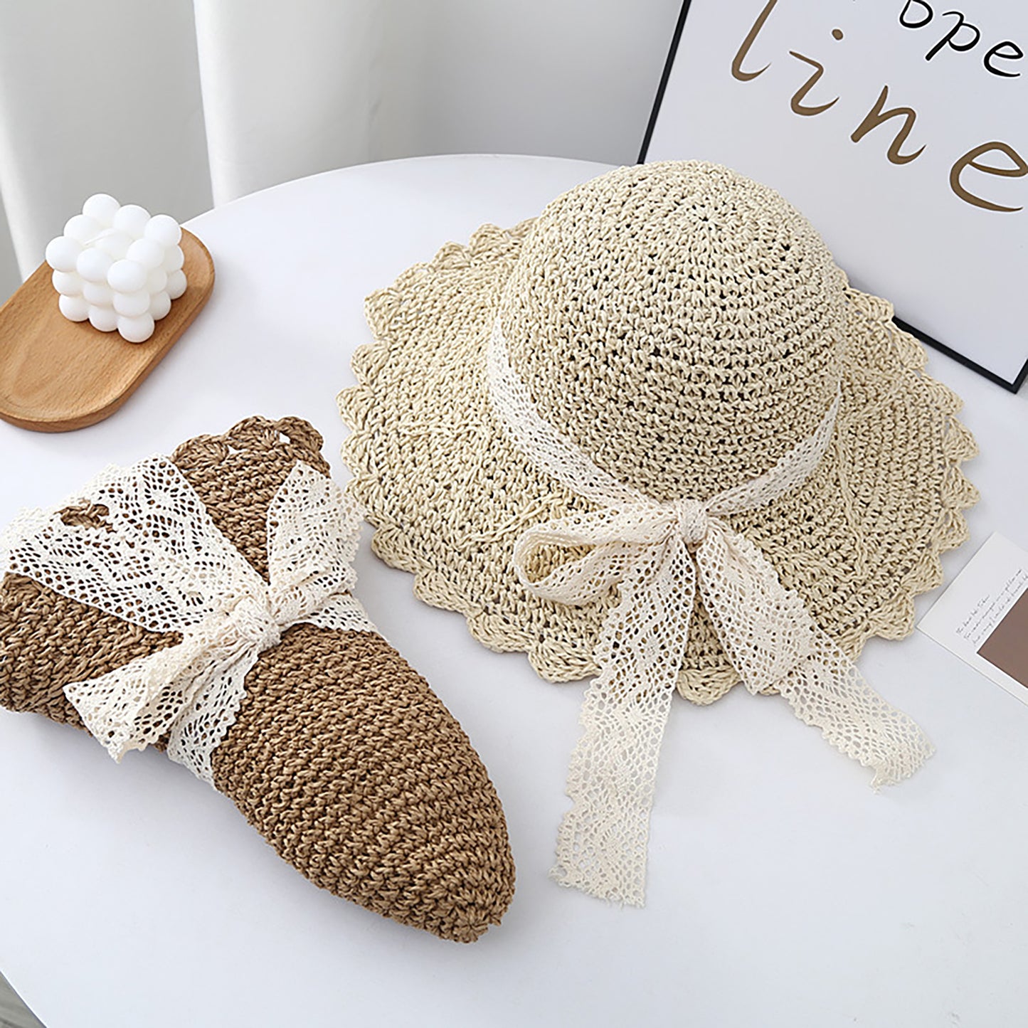 Wide Brim Crochet Straw Sun Hat with Lace Bow Adjustable Fit