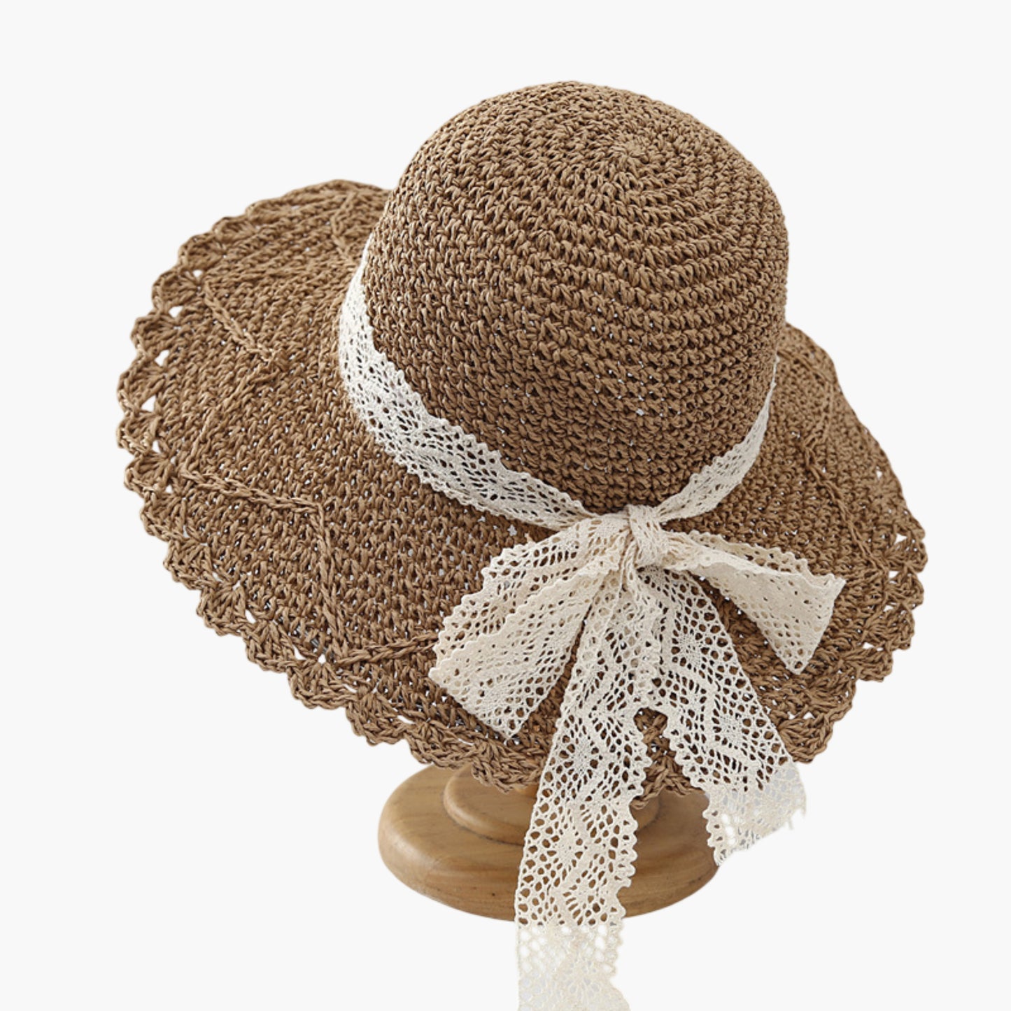 Wide Brim Crochet Straw Sun Hat with Lace Bow Adjustable Fit