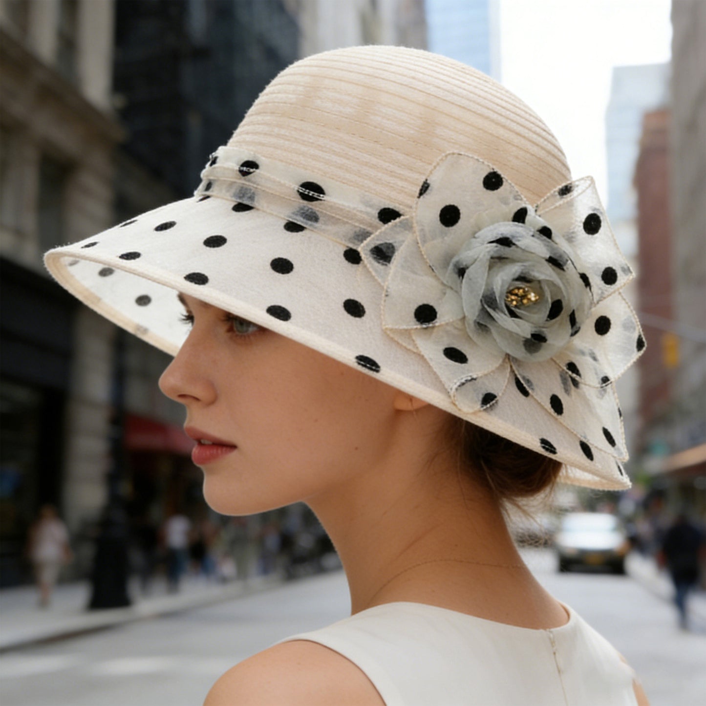 Straw Sun Hat Polka Dot Bow Flower Dressy Summer Hat