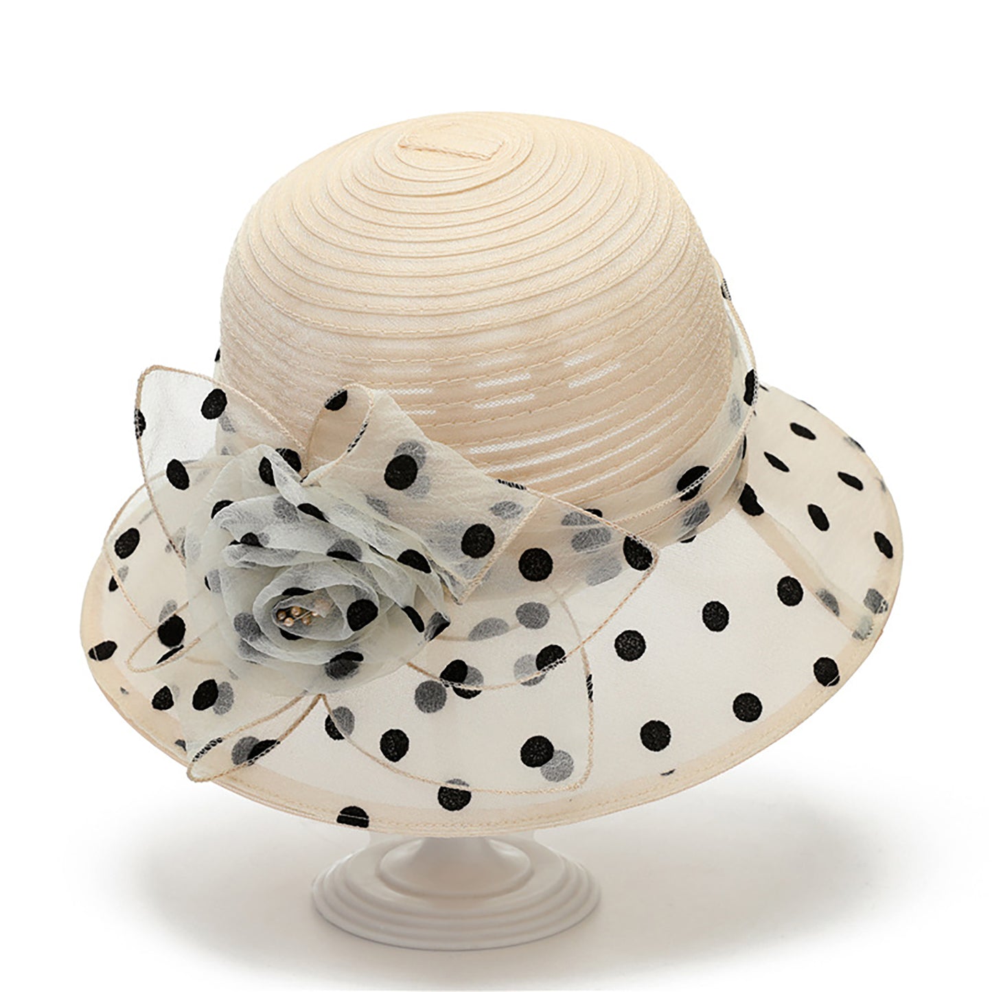 Straw Sun Hat Polka Dot Bow Flower Dressy Summer Hat