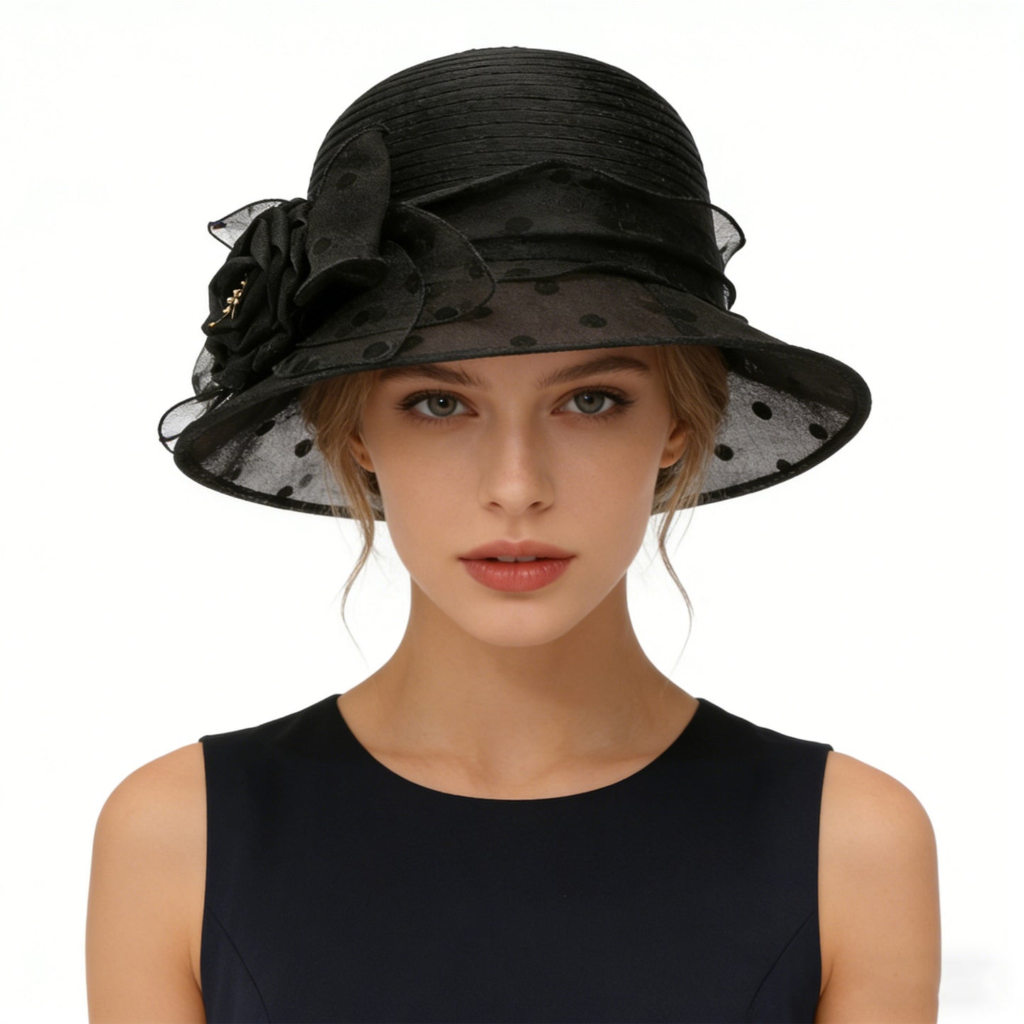 Straw Sun Hat Polka Dot Bow Flower Dressy Summer Hat