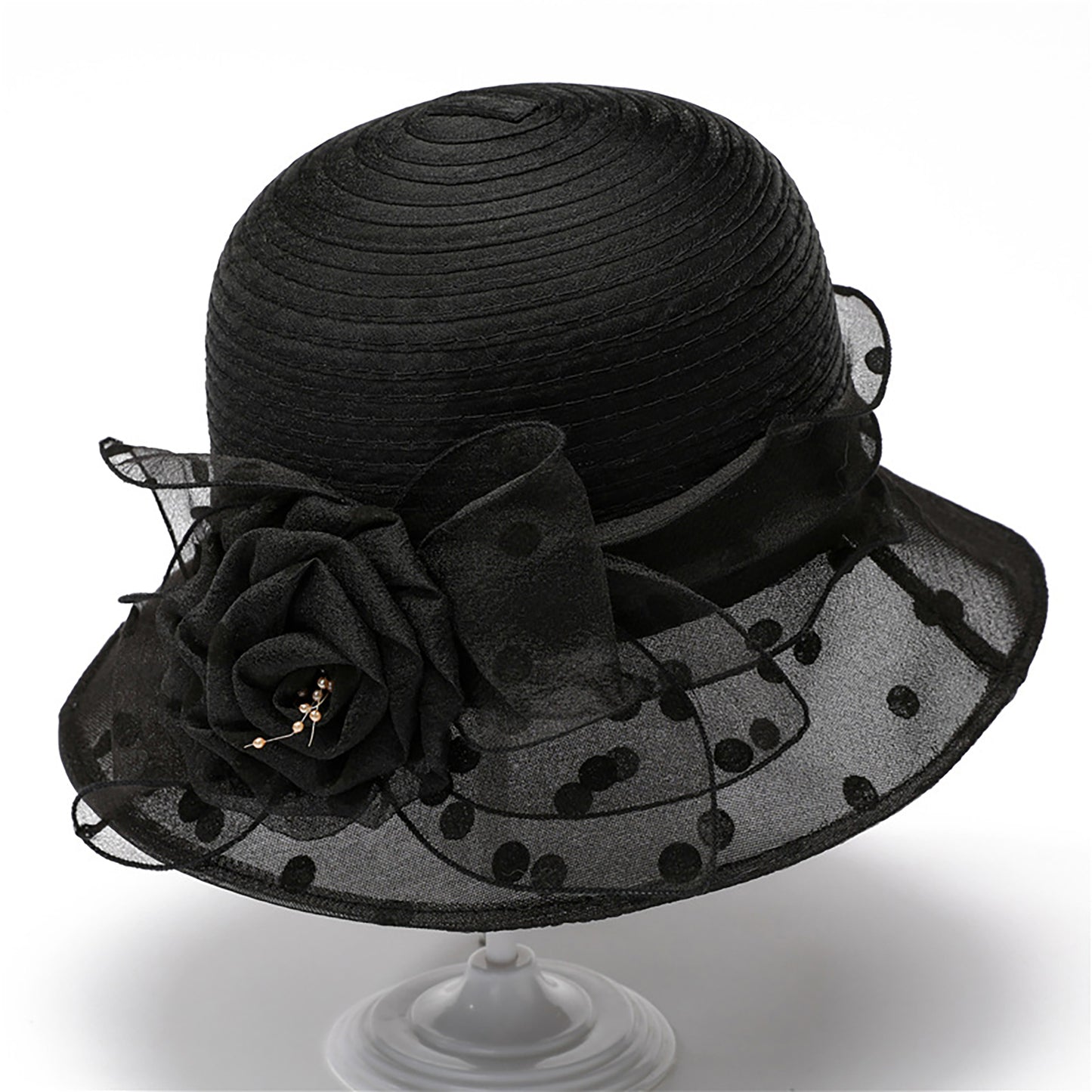 Straw Sun Hat Polka Dot Bow Flower Dressy Summer Hat