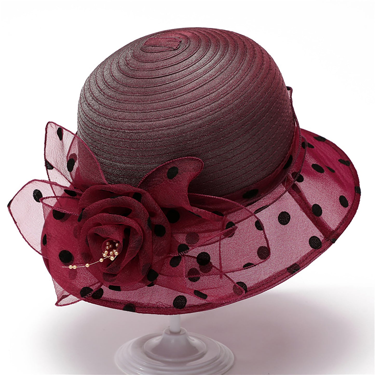 Straw Sun Hat Polka Dot Bow Flower Dressy Summer Hat