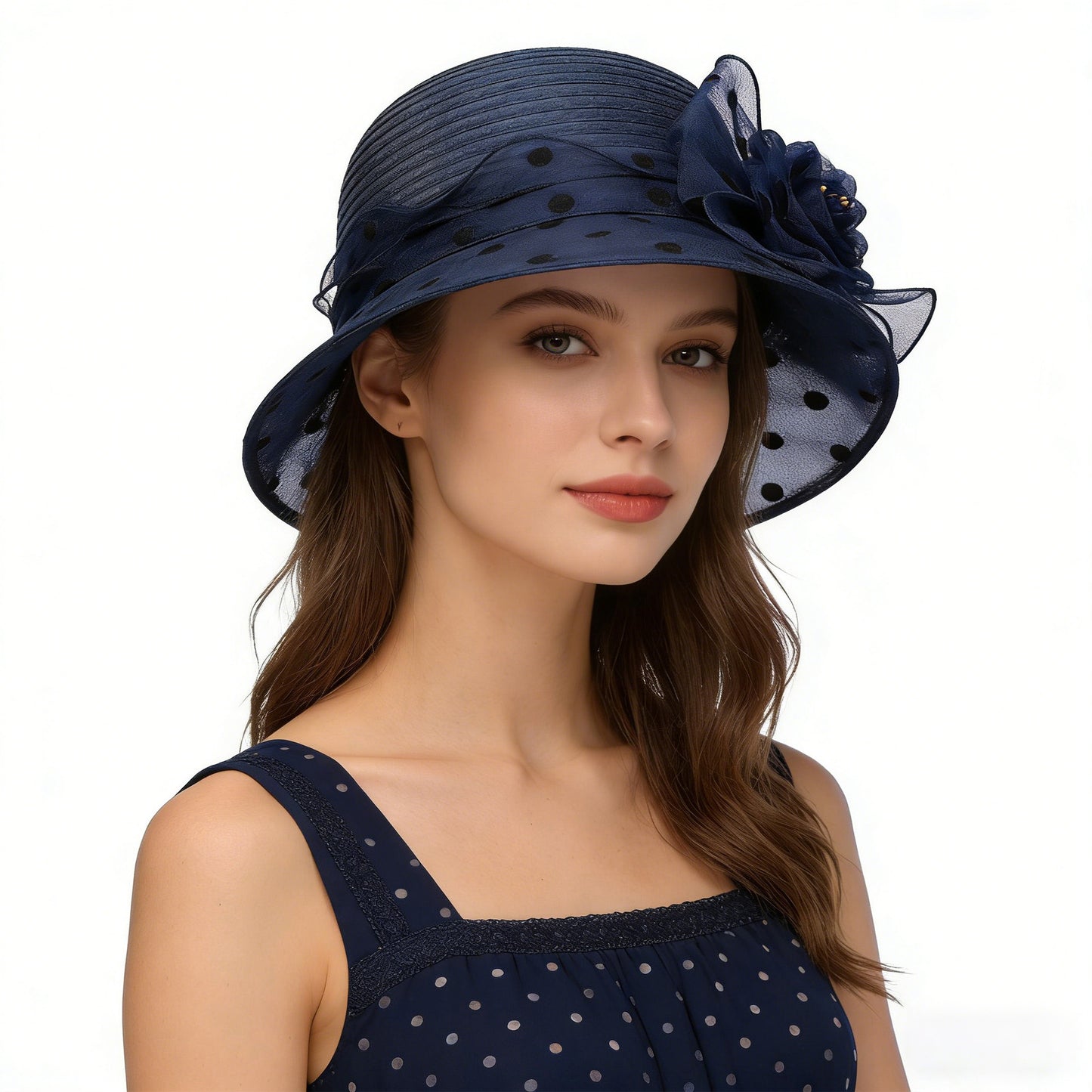Straw Sun Hat Polka Dot Bow Flower Dressy Summer Hat