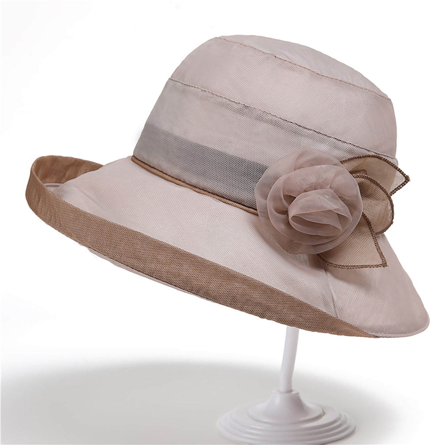 Wide Brim Mesh Sun Hat Elegant Flower Accent Summer Garden Party Hat