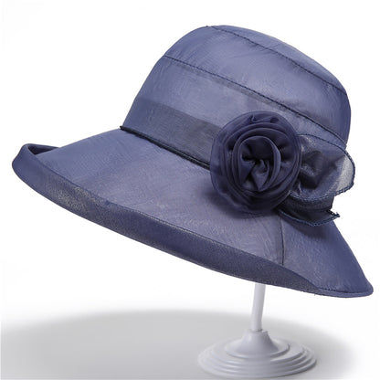 Wide Brim Mesh Sun Hat Elegant Flower Accent Summer Garden Party Hat
