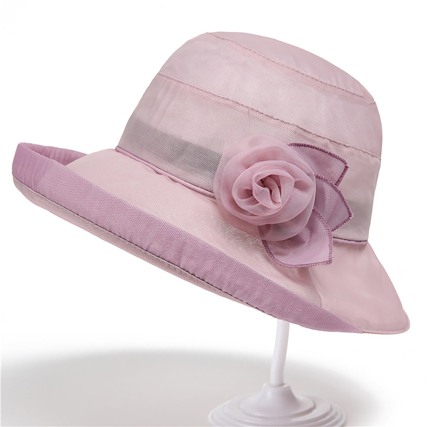 Wide Brim Mesh Sun Hat Elegant Flower Accent Summer Garden Party Hat