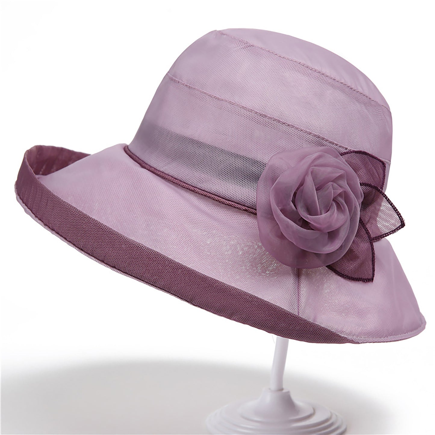 Wide Brim Mesh Sun Hat Elegant Flower Accent Summer Garden Party Hat