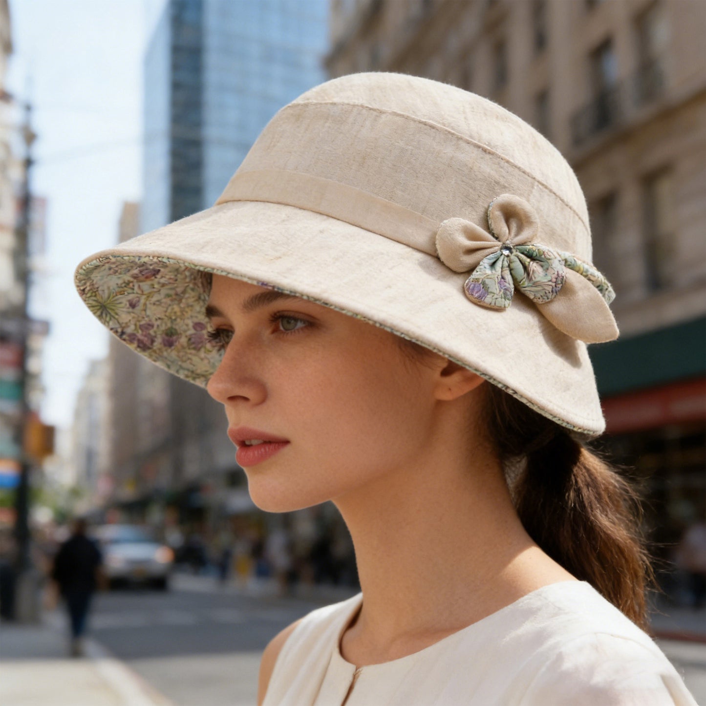 Wide Brim Summer Sun Hat Lightweight Linen Style Bucket Hat