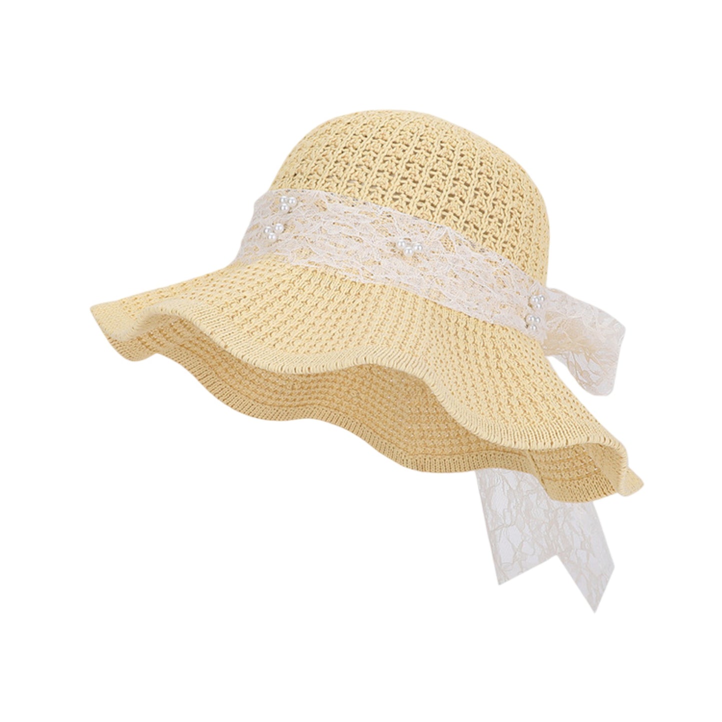 Wide Brim Straw Sun Hat with Lace Bow Ribbon Pearl Decoration Summer Beach Floppy Hat