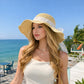 Wide Brim Straw Sun Hat with Lace Bow Ribbon Pearl Decoration Summer Beach Floppy Hat