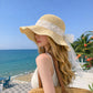 Wide Brim Straw Sun Hat with Lace Bow Ribbon Pearl Decoration Summer Beach Floppy Hat