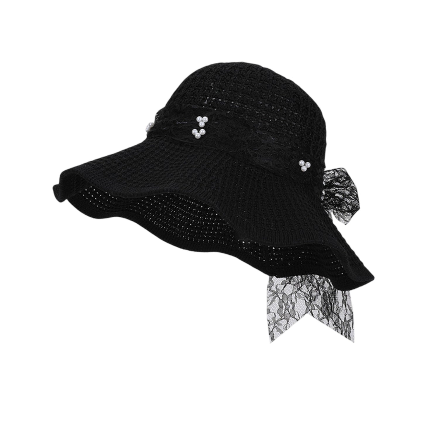 Wide Brim Straw Sun Hat with Lace Bow Ribbon Pearl Decoration Summer Beach Floppy Hat