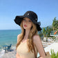 Wide Brim Straw Sun Hat with Lace Bow Ribbon Pearl Decoration Summer Beach Floppy Hat