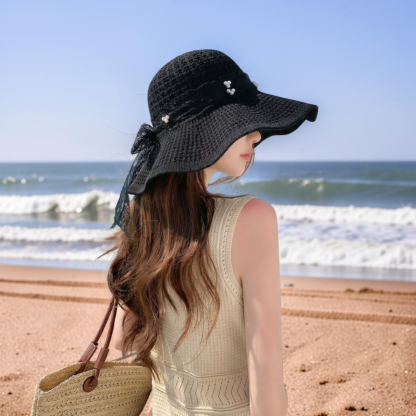 Wide Brim Straw Sun Hat with Lace Bow Ribbon Pearl Decoration Summer Beach Floppy Hat