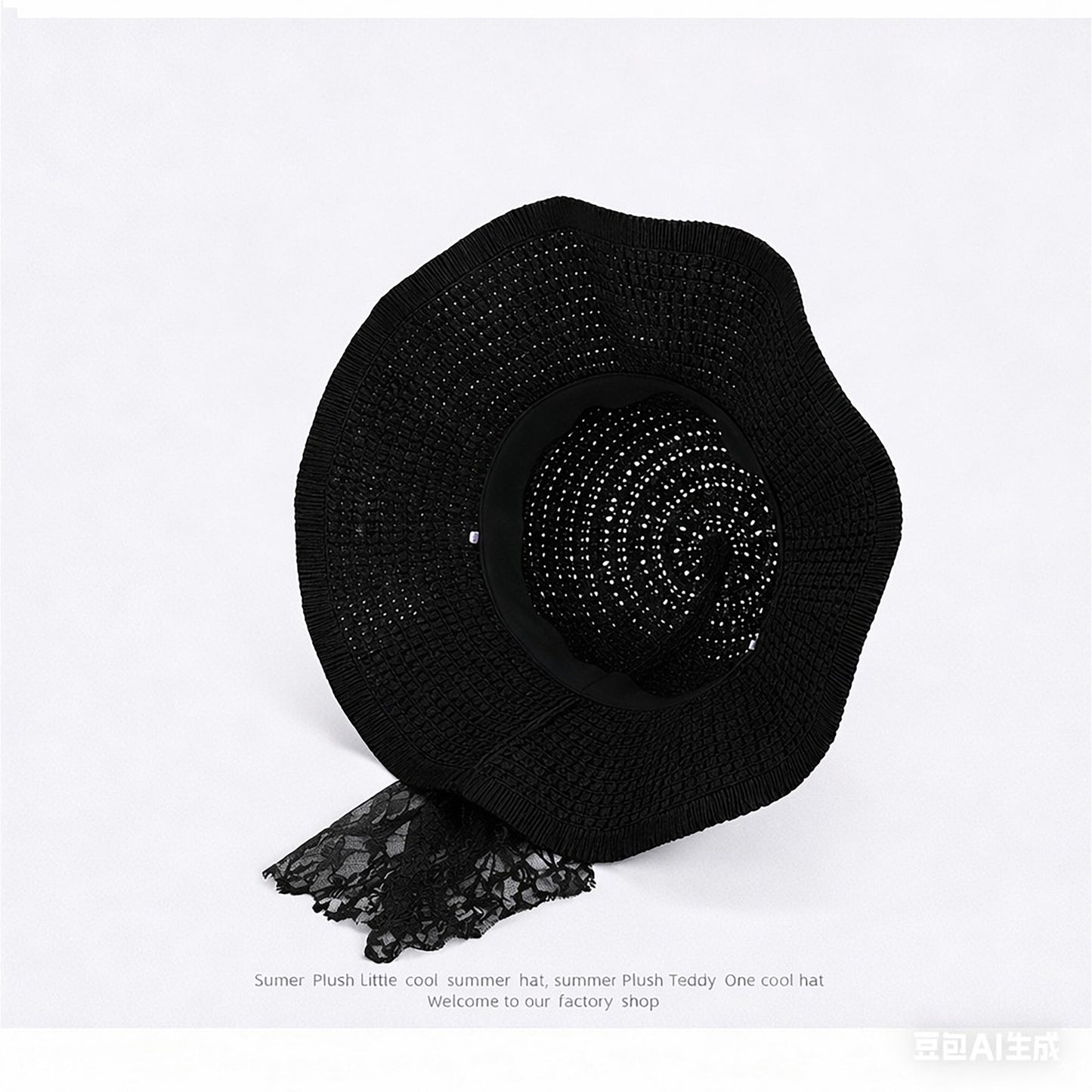 Wide Brim Straw Sun Hat with Lace Bow Ribbon Pearl Decoration Summer Beach Floppy Hat
