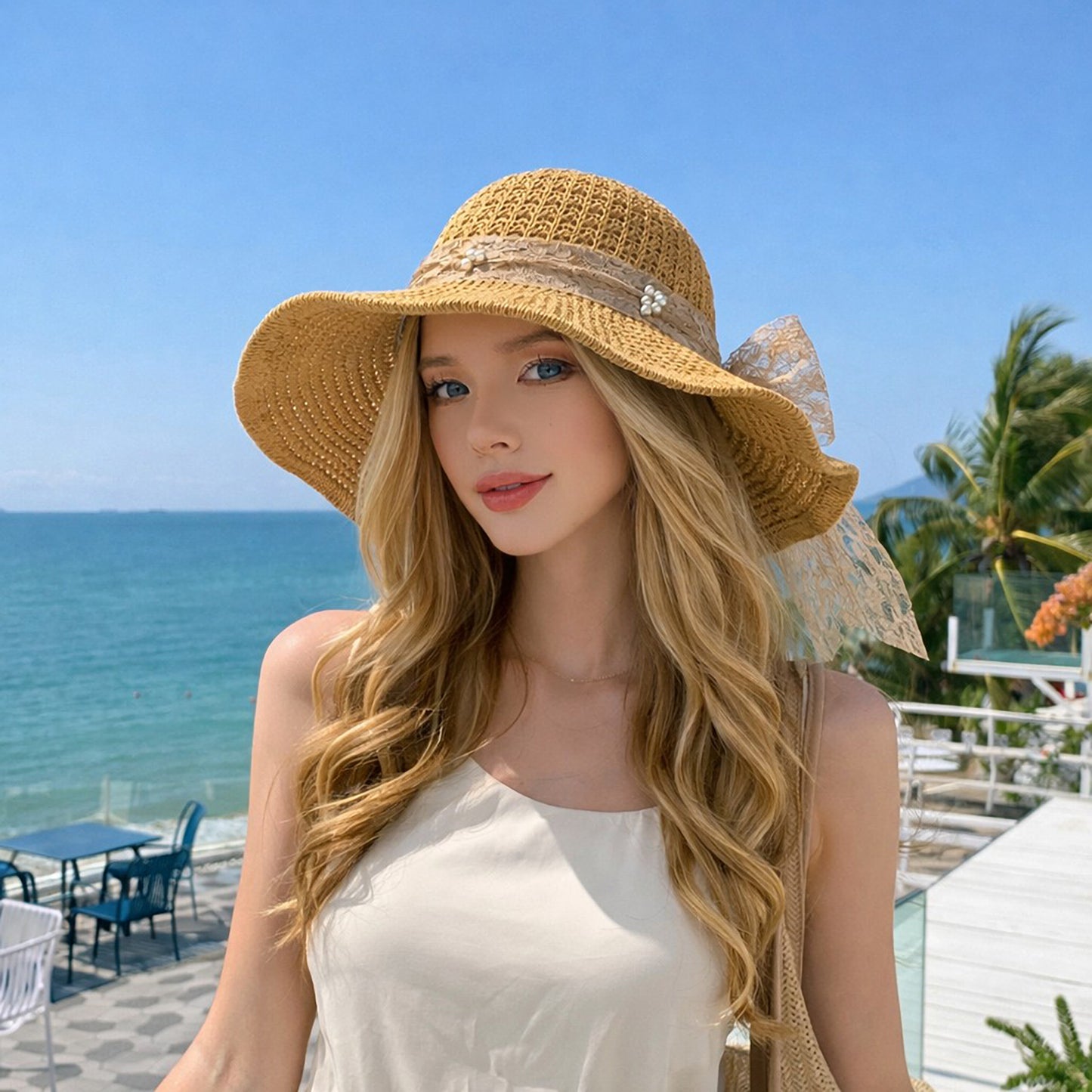 Wide Brim Straw Sun Hat with Lace Bow Ribbon Pearl Decoration Summer Beach Floppy Hat