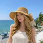 Wide Brim Straw Sun Hat with Lace Bow Ribbon Pearl Decoration Summer Beach Floppy Hat