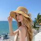 Wide Brim Straw Sun Hat with Lace Bow Ribbon Pearl Decoration Summer Beach Floppy Hat