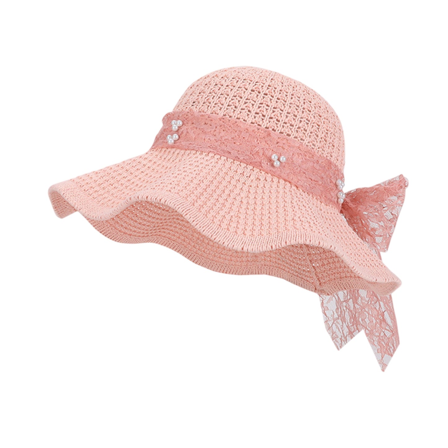 Wide Brim Straw Sun Hat with Lace Bow Ribbon Pearl Decoration Summer Beach Floppy Hat