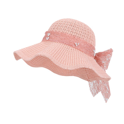 Wide Brim Straw Sun Hat with Lace Bow Ribbon Pearl Decoration Summer Beach Floppy Hat