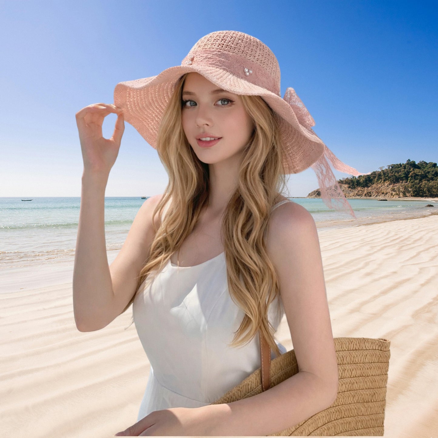 Wide Brim Straw Sun Hat with Lace Bow Ribbon Pearl Decoration Summer Beach Floppy Hat