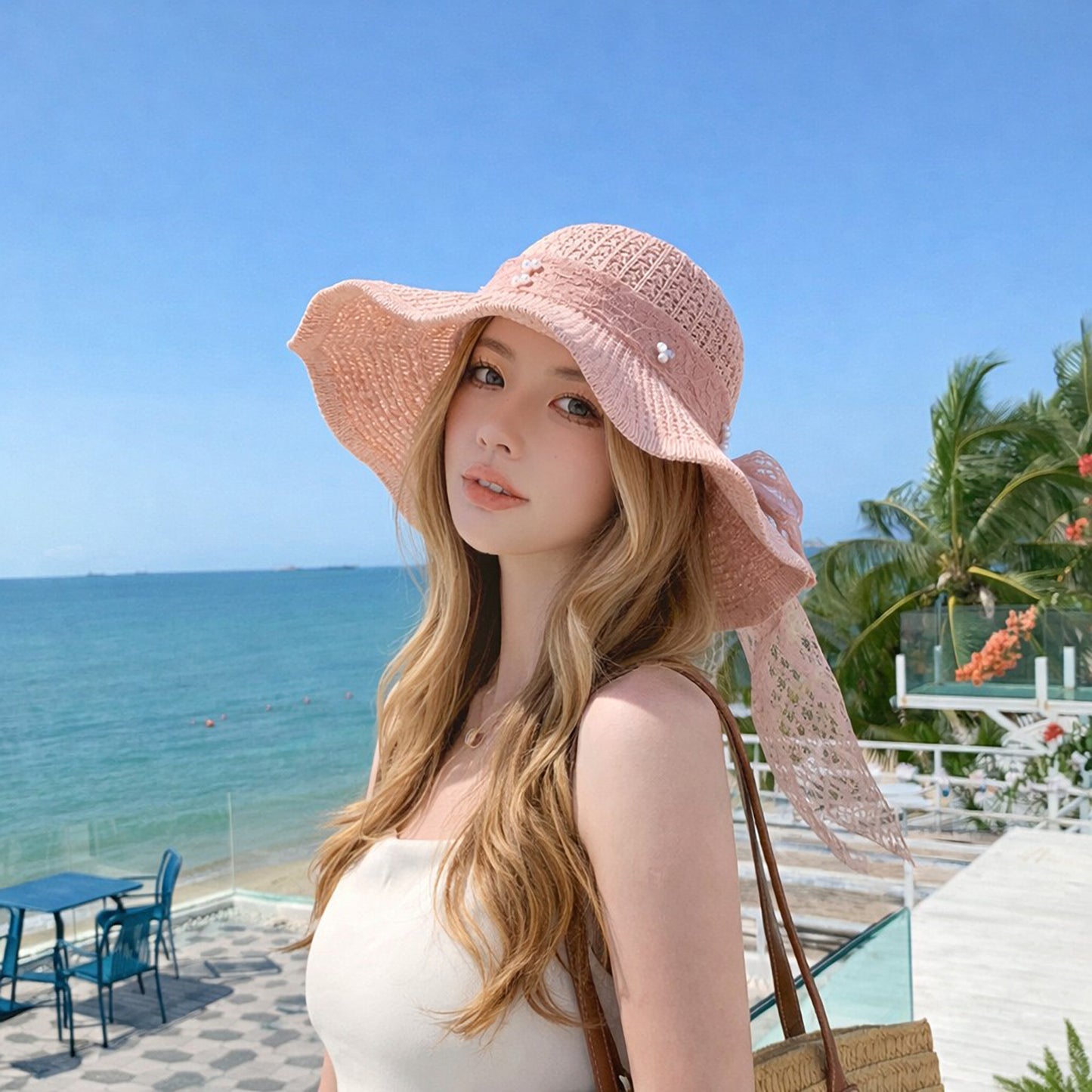 Wide Brim Straw Sun Hat with Lace Bow Ribbon Pearl Decoration Summer Beach Floppy Hat