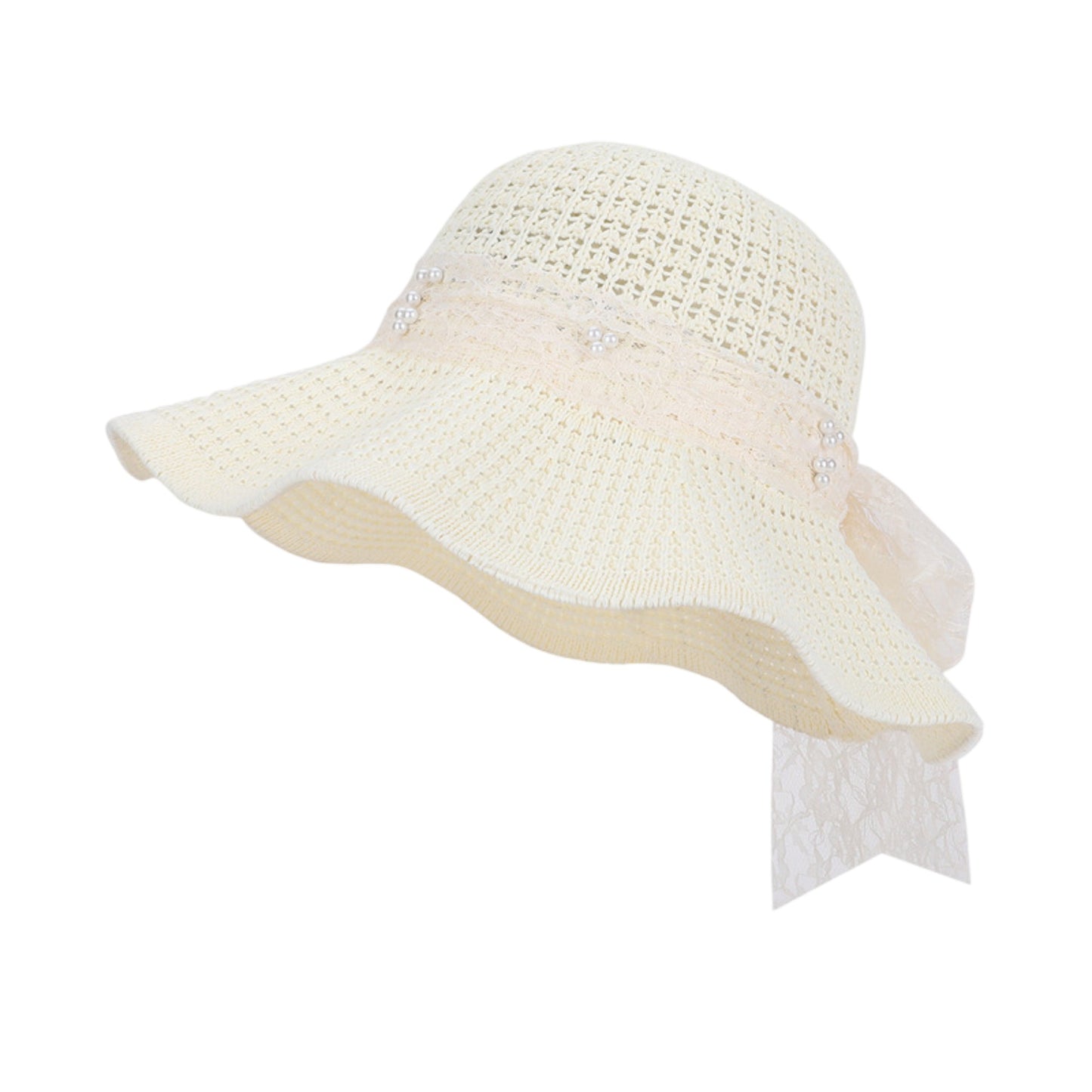Wide Brim Straw Sun Hat with Lace Bow Ribbon Pearl Decoration Summer Beach Floppy Hat