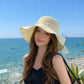 Wide Brim Straw Sun Hat with Lace Bow Ribbon Pearl Decoration Summer Beach Floppy Hat