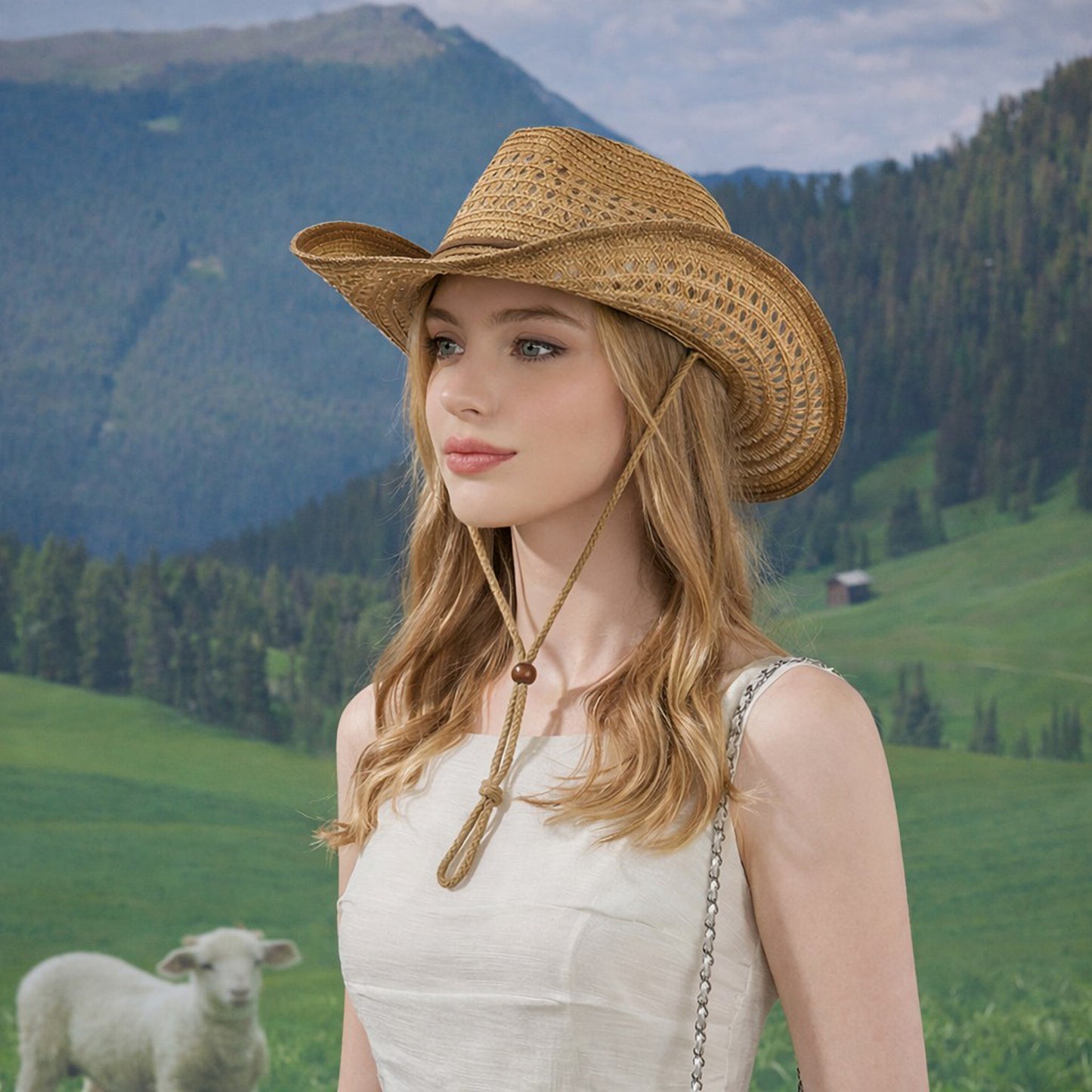 Wide Brim Straw Sun Hat with Adjustable Chin Strap Woven Cowboy Style Summer Beach Sun Hat