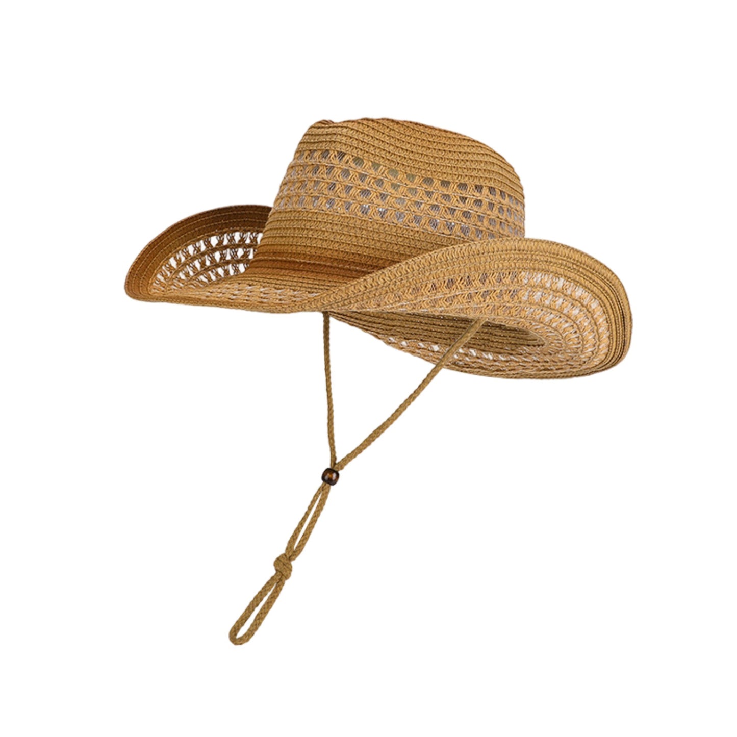 Wide Brim Straw Sun Hat with Adjustable Chin Strap Woven Cowboy Style Summer Beach Sun Hat