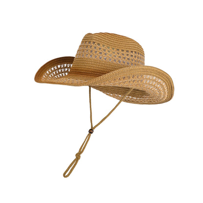 Wide Brim Straw Sun Hat with Adjustable Chin Strap Woven Cowboy Style Summer Beach Sun Hat