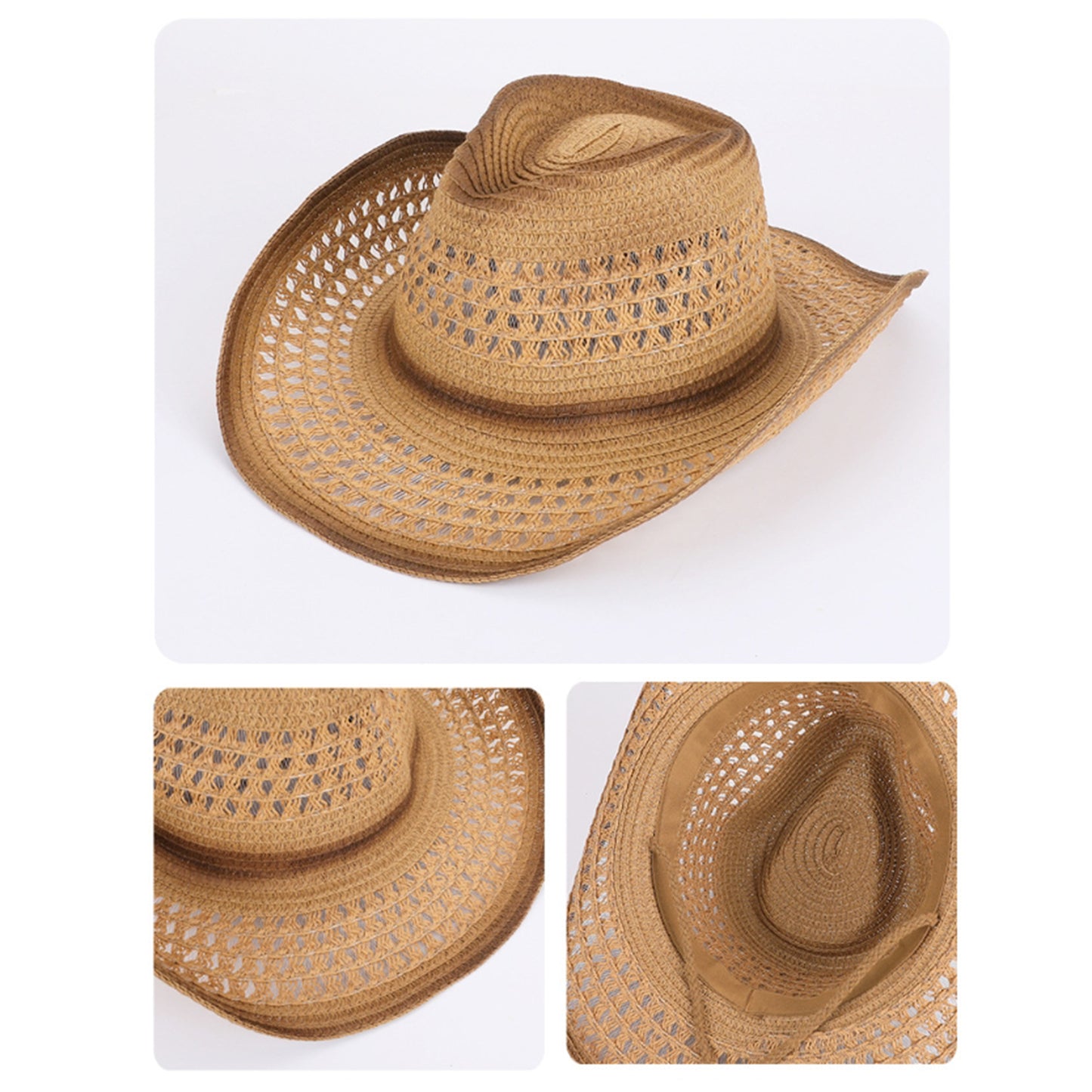 Wide Brim Straw Sun Hat with Adjustable Chin Strap Woven Cowboy Style Summer Beach Sun Hat
