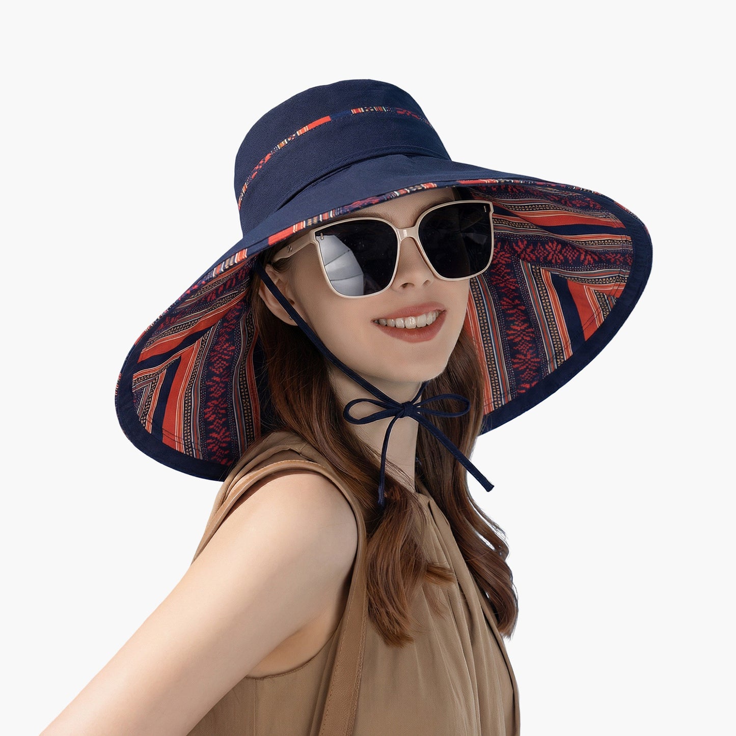 Reversible Wide Brim Sun Hat with Chin Tie Large Floppy Brim Packable Summer Beach Hat