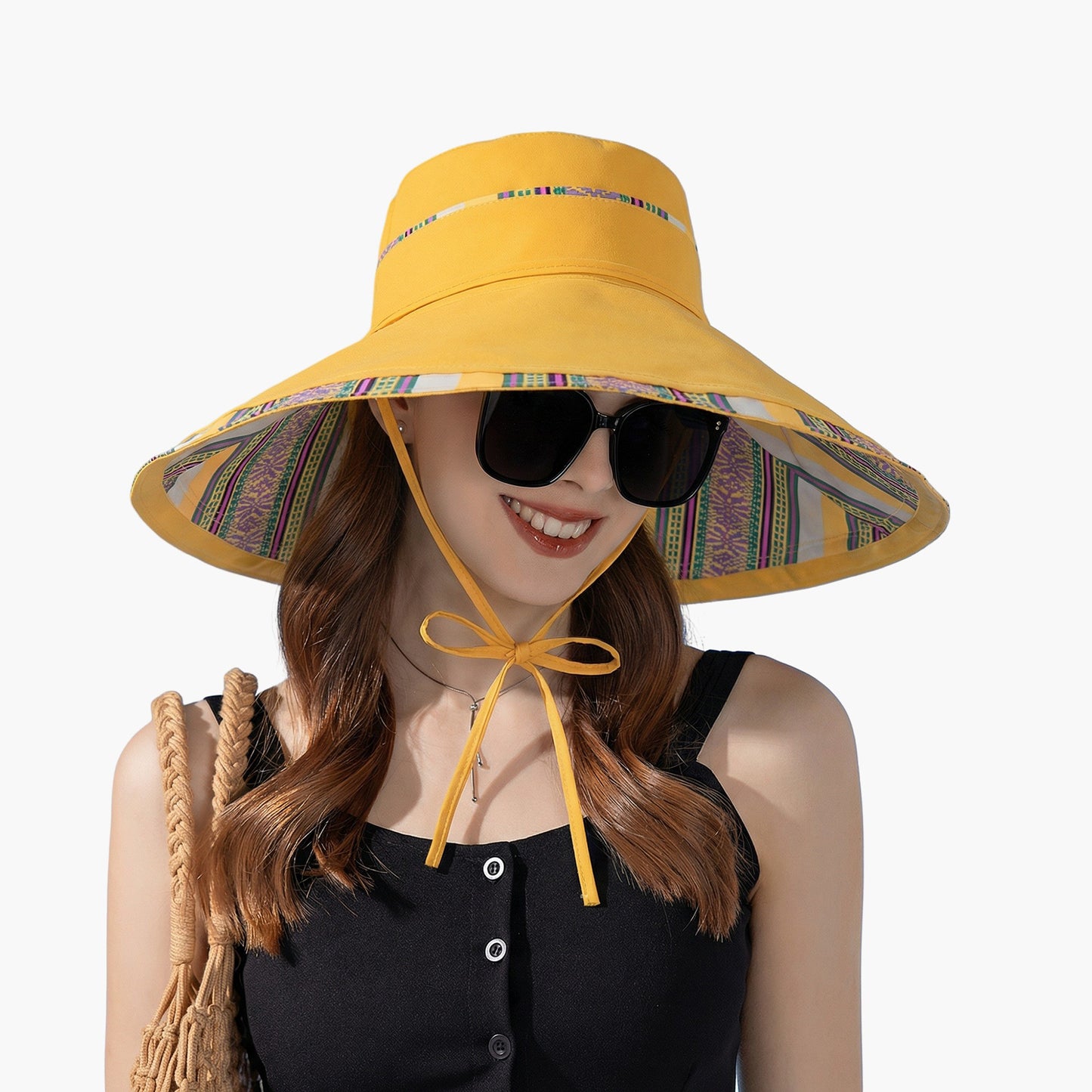 Reversible Wide Brim Sun Hat with Chin Tie Large Floppy Brim Packable Summer Beach Hat