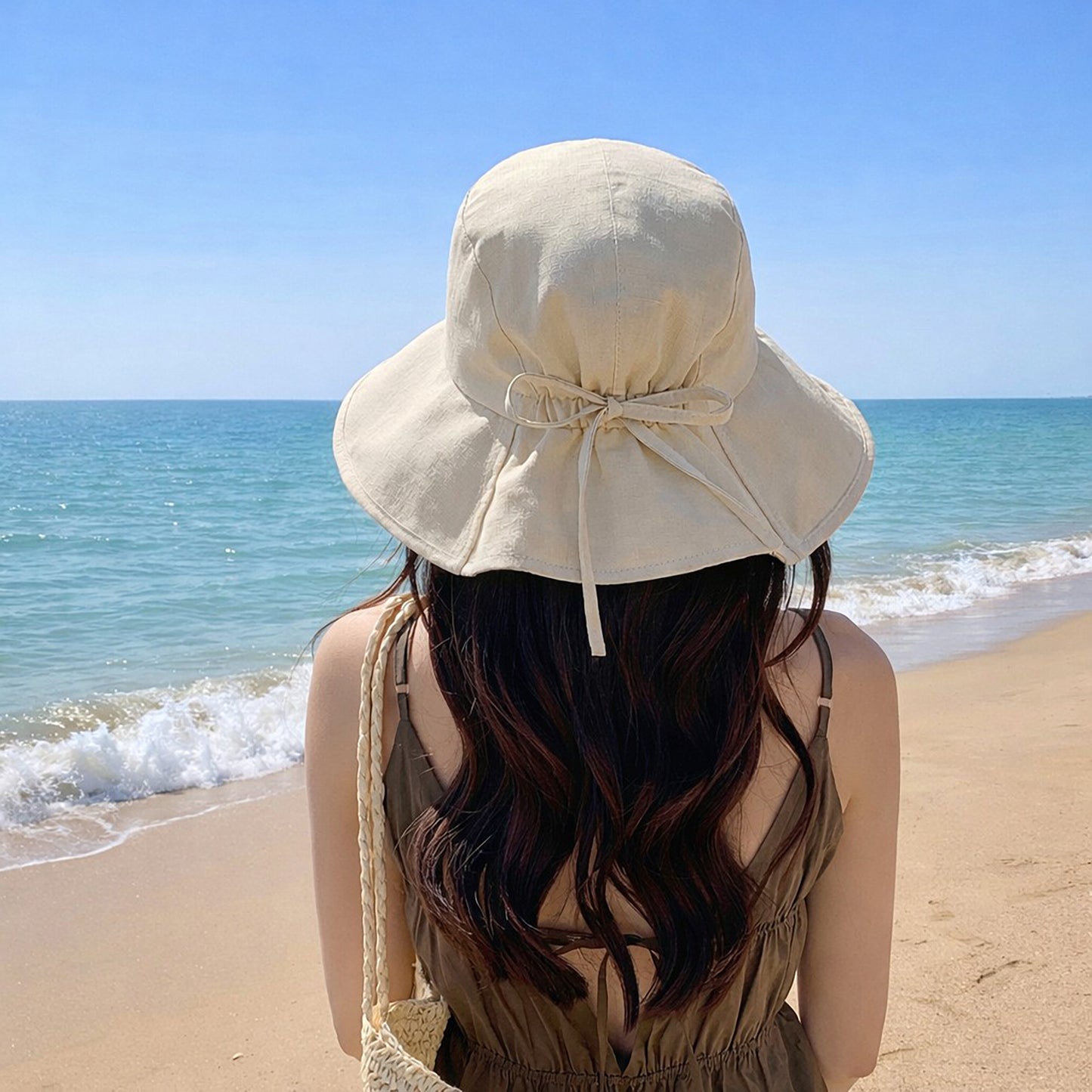 Wide Brim Sun Hat with Back Bow Adjustable Cotton Bucket Hat Summer Beach Sun Hat