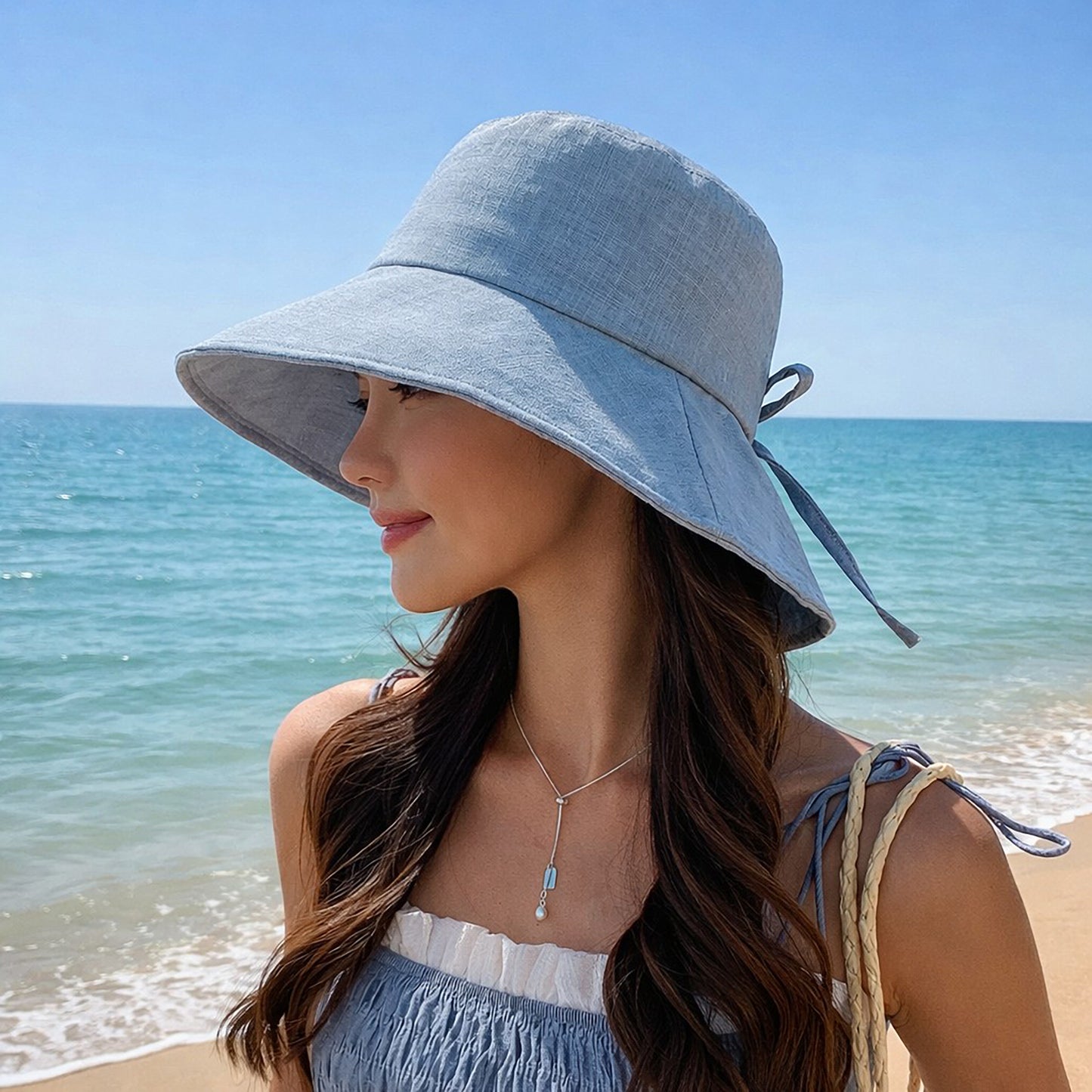 Wide Brim Sun Hat with Back Bow Adjustable Cotton Bucket Hat Summer Beach Sun Hat