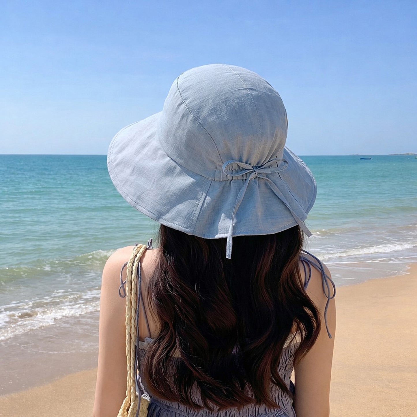 Wide Brim Sun Hat with Back Bow Adjustable Cotton Bucket Hat Summer Beach Sun Hat