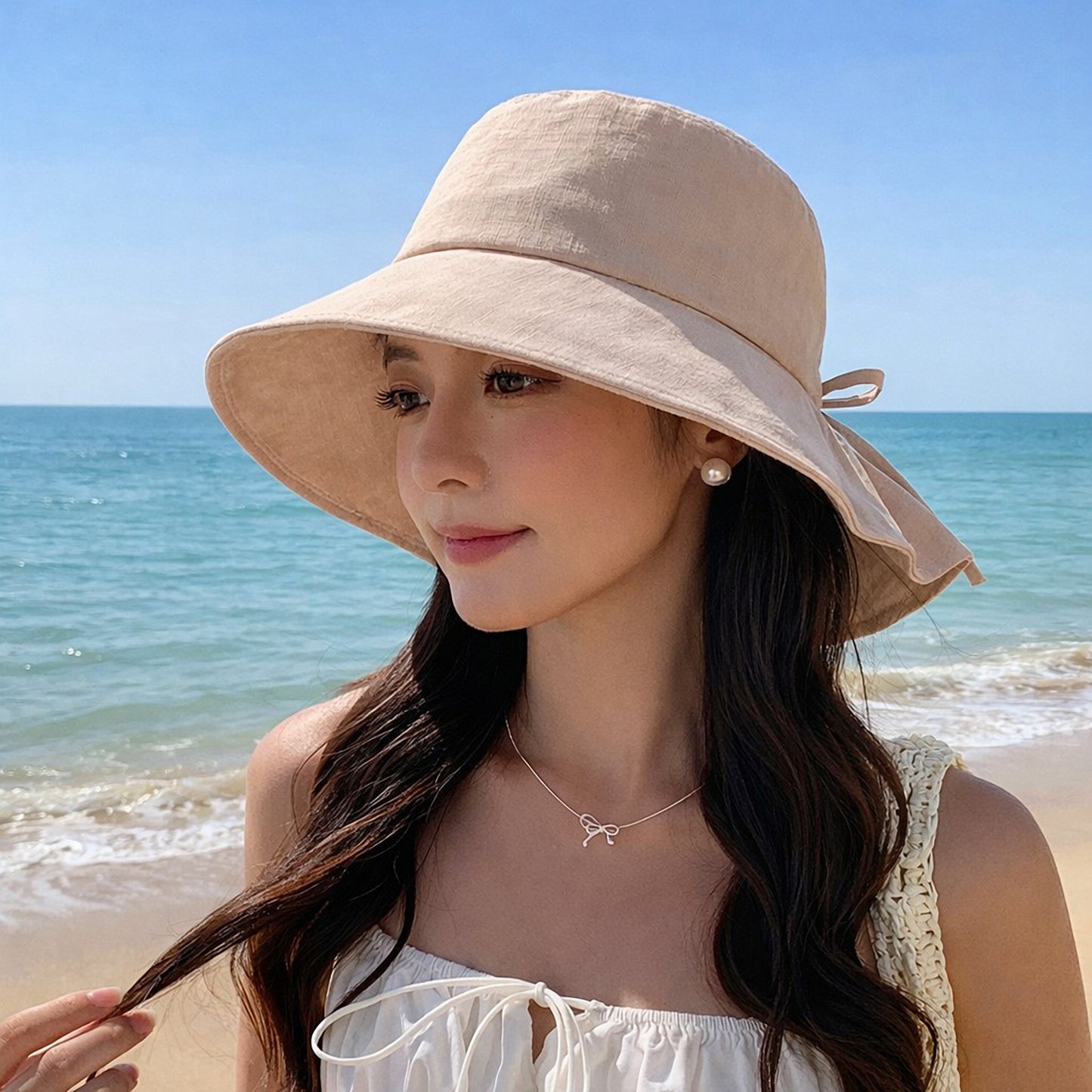 Wide Brim Sun Hat with Back Bow Adjustable Cotton Bucket Hat Summer Beach Sun Hat
