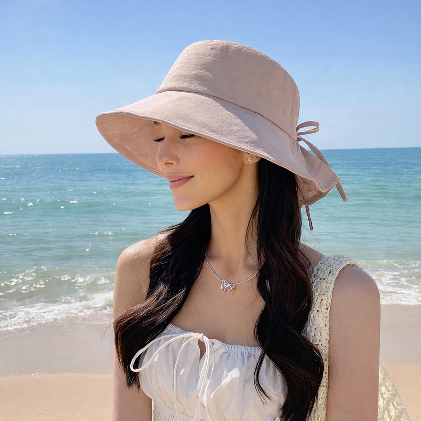 Wide Brim Sun Hat with Back Bow Adjustable Cotton Bucket Hat Summer Beach Sun Hat