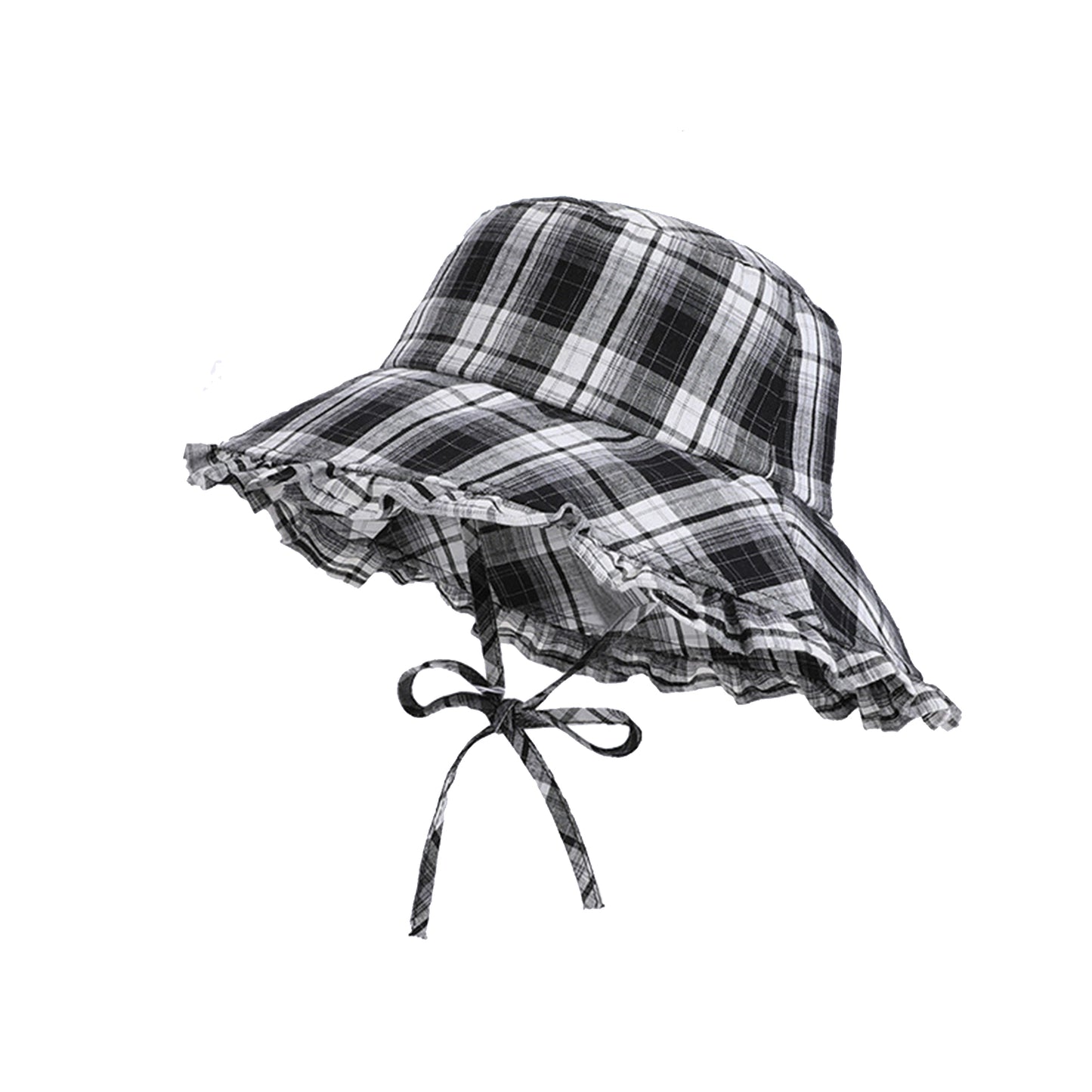 Plaid Bucket Hat with Ruffle Brim Adjustable Sun Hat Lightweight Summer Beach Sun Hat