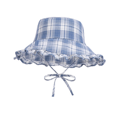 Plaid Bucket Hat with Ruffle Brim Adjustable Sun Hat Lightweight Summer Beach Sun Hat