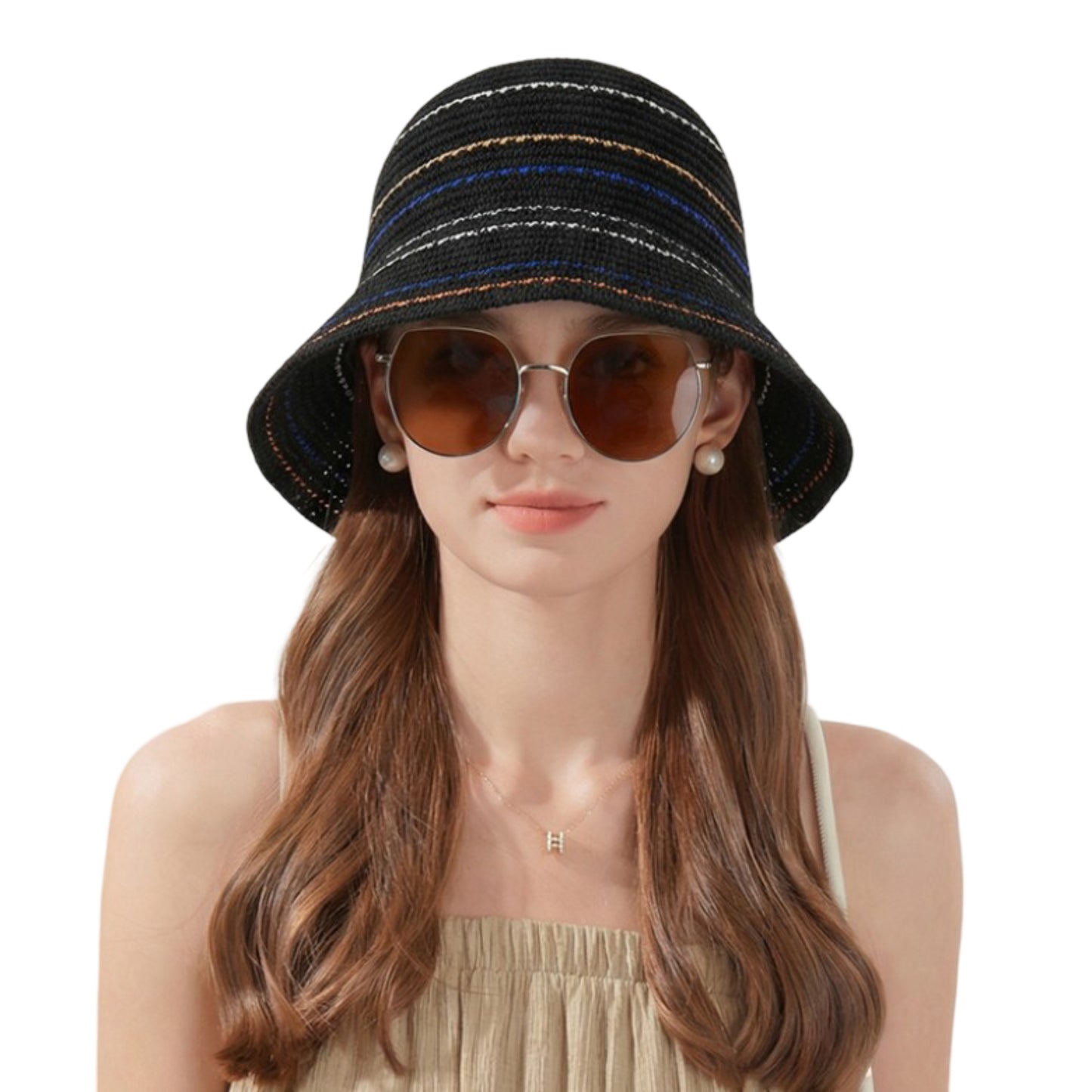 Straw Bucket Hat Breathable Woven Sun Hat Lightweight Packable Summer Beach Hat