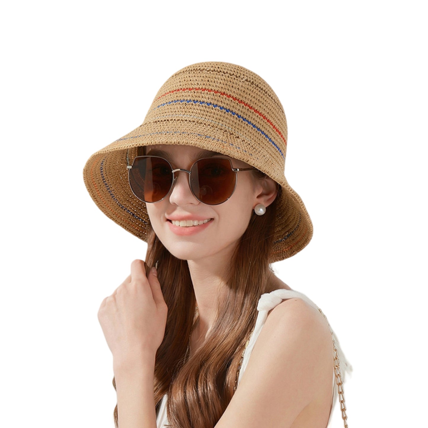 Straw Bucket Hat Breathable Woven Sun Hat Lightweight Packable Summer Beach Hat
