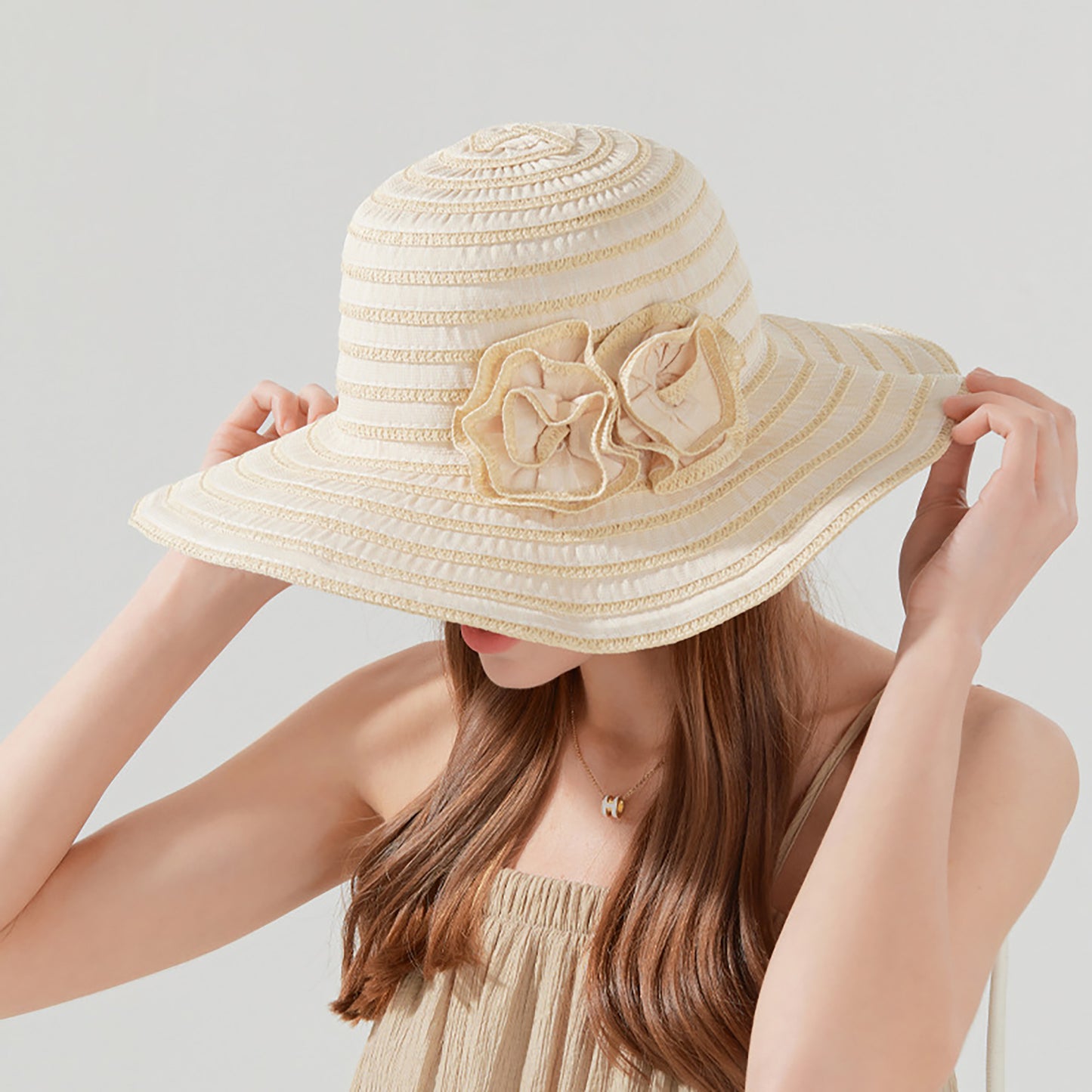 Straw Sun Hat with Floral Accent Summer Beach Hat with Adjustable Chin Strap